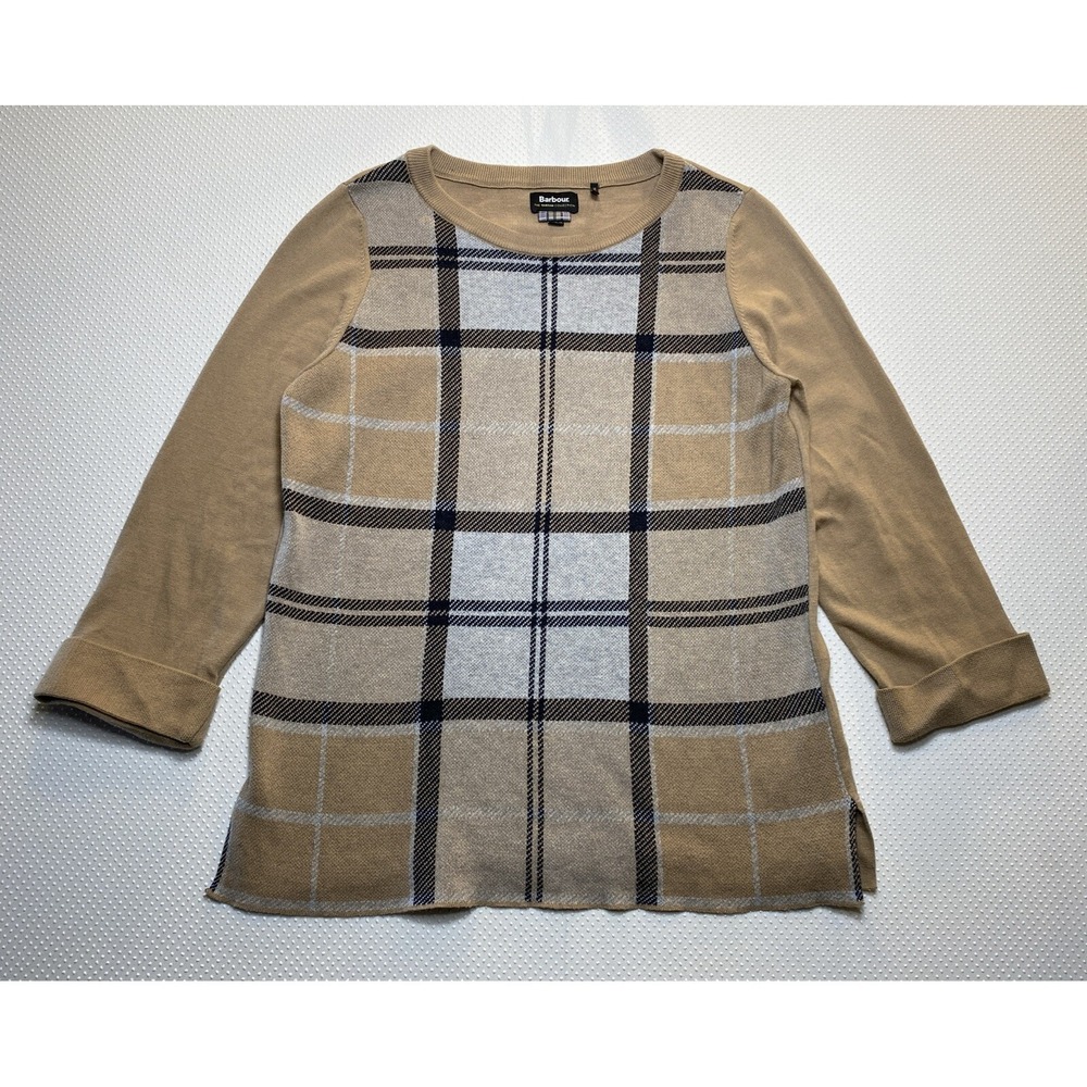 Barbour Tartan Collection Forty Knit Sweater Women's Size 4 Italy Oatmeal Plaid
